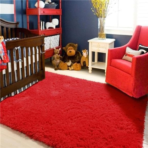 Red Rug for Bedroom,4'X6',Fluffy Shag Rug for Living Room,Furry Carpet for Kids - Picture 6 of 6